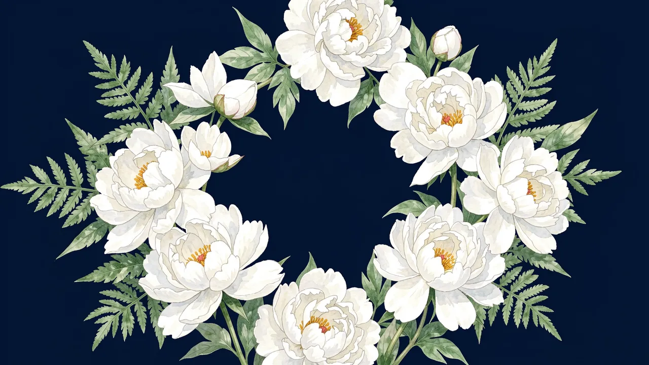 Watercolor white peonies and ferns arranged in an open wreath against a deep navy background with empty central copy space