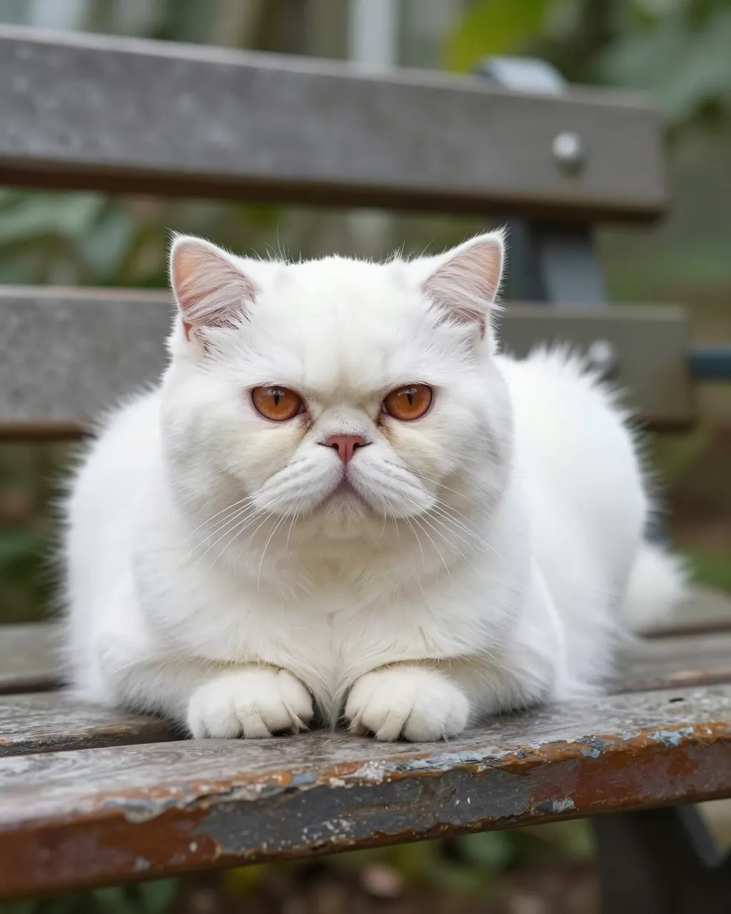 A white flat-faced Persian cat with copper eyes rests on a weathered wooden bench.