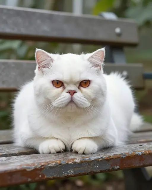 A white flat-faced Persian cat with copper eyes rests on a weathered wooden bench.