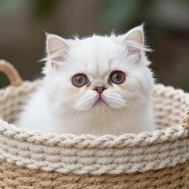 Fluffy white Persian kitten peeks out from a woven knitted basket against a soft blurred background