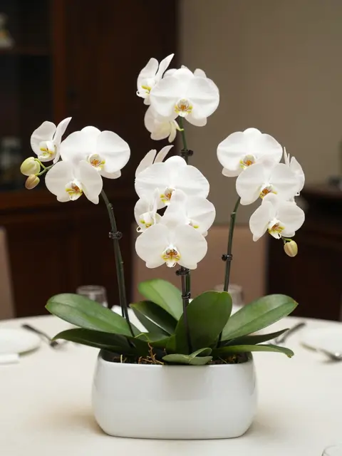 White phalaenopsis orchid arrangement in a glossy white ceramic pot on a set dining table