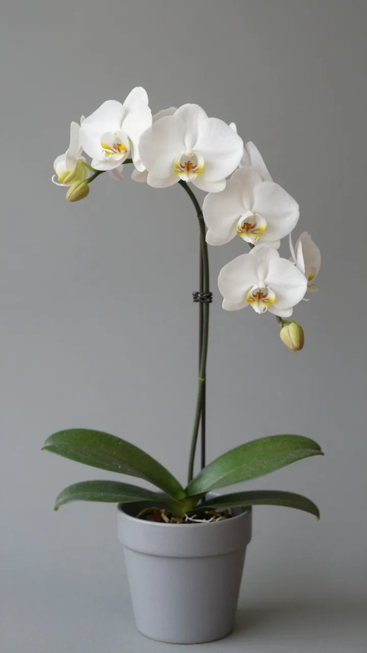A blooming white phalaenopsis orchid with an arching stem sits in a plain gray pot against a solid gray background.