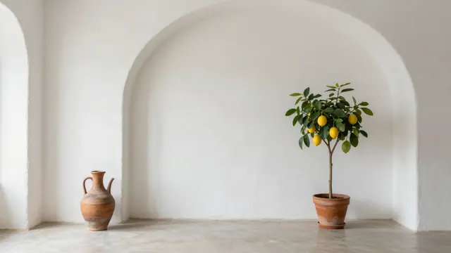 A minimalist whitewashed arched interior holds a terracotta jug and potted lemon tree with ripening fruit.