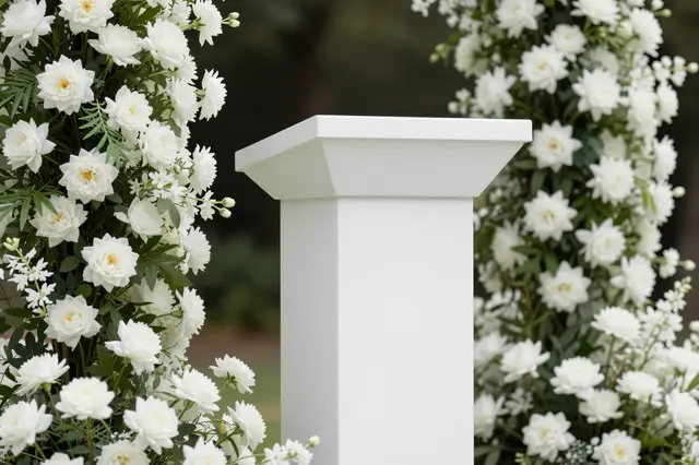 A square white display podium framed by dense clusters of white flowers and green foliage