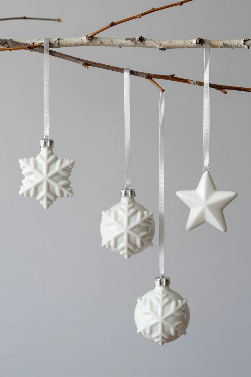 Glossy white porcelain snowflake and star ornaments hang at different heights from a bare birch branch against a pale gray
