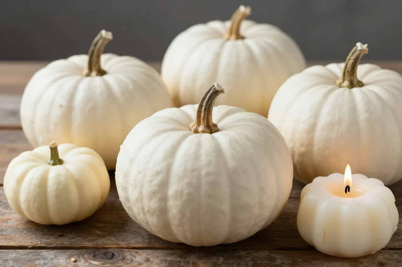 Assorted white pumpkins and a small lit candle arranged on a wooden rustic table.