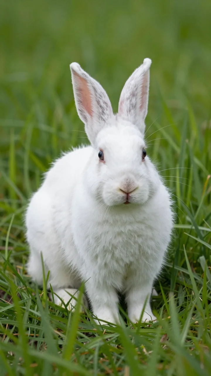 A fluffy white rabbit sits upright facing the camera amidst tall green spring grass