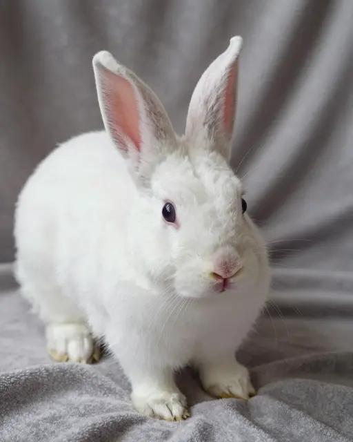 A fluffy white rabbit with pink inner ears sits calmly on a plush gray fabric blanket.