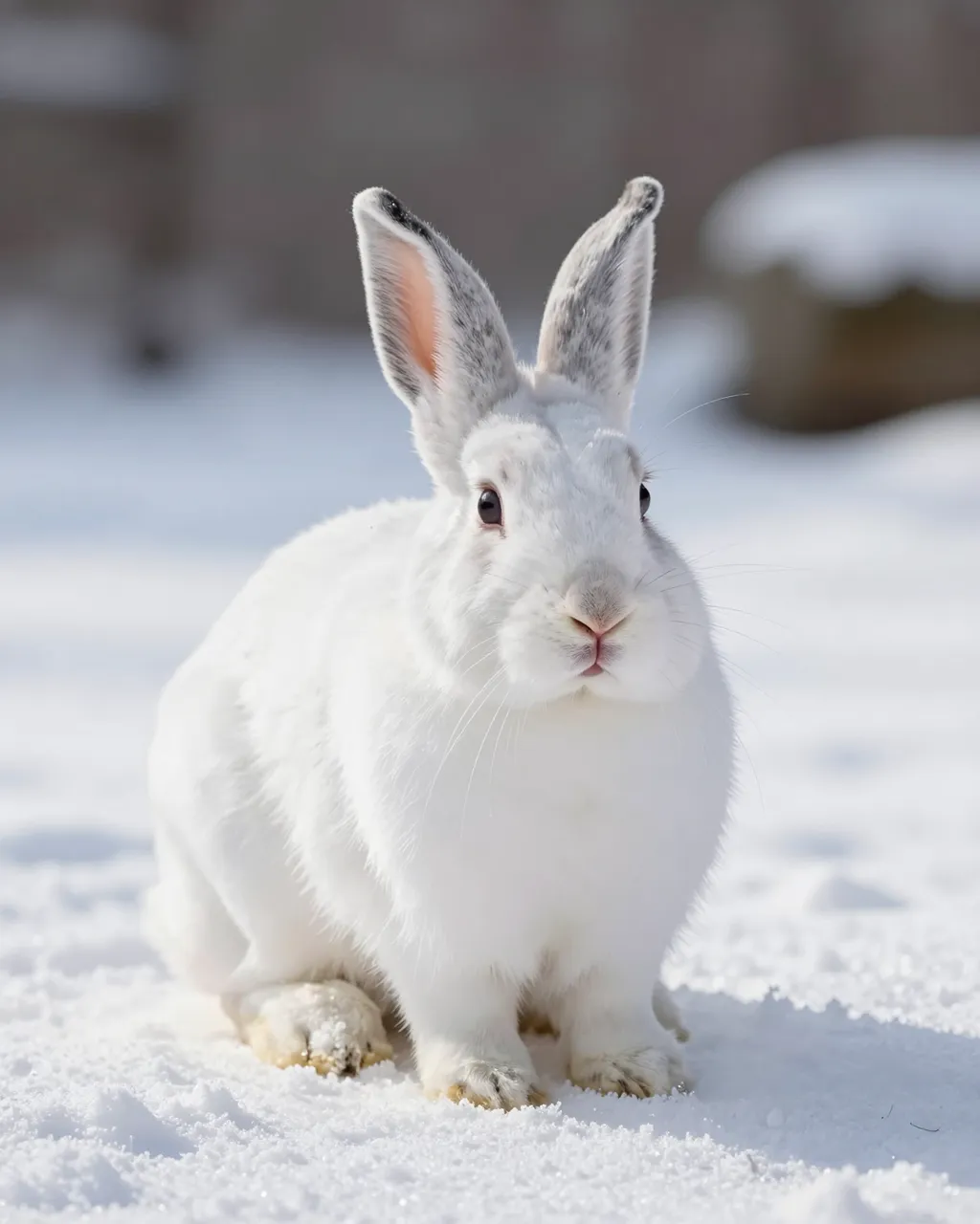 A white bunny with gray ear markings sits calmly on fresh sunlit snow.