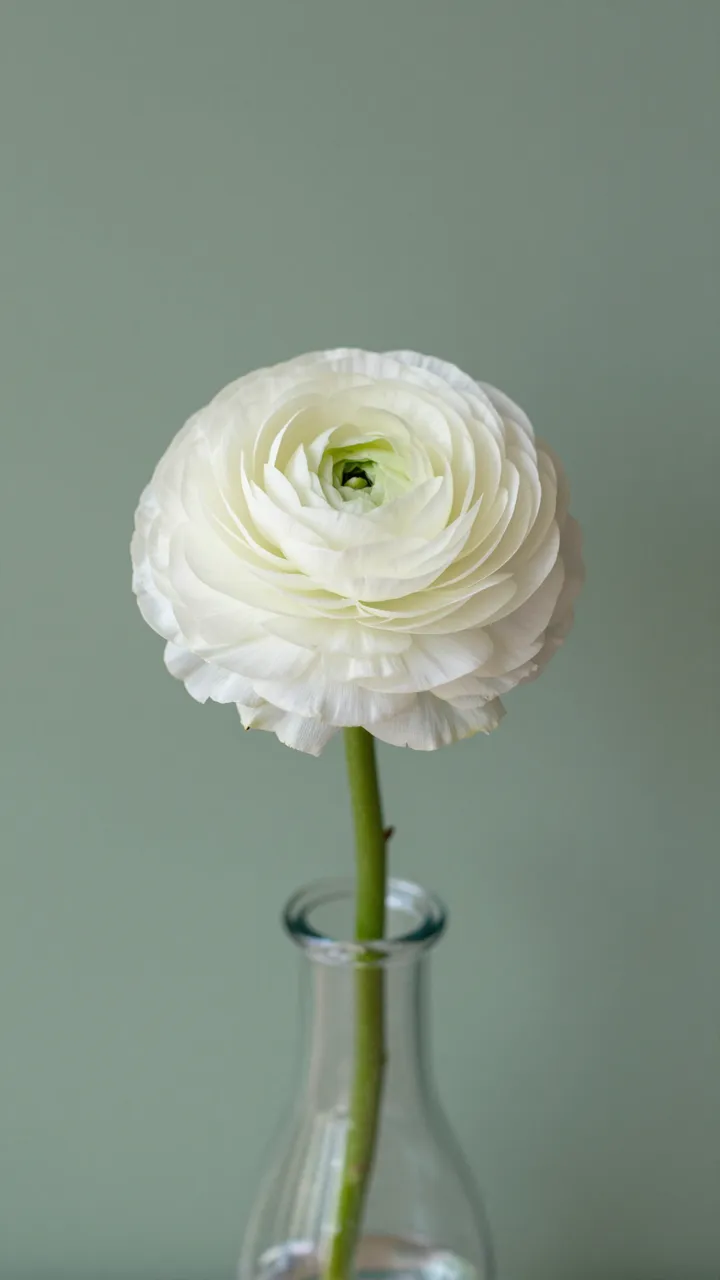 A single white ranunculus flower sits in a clear glass vase against a soft sage green wall.