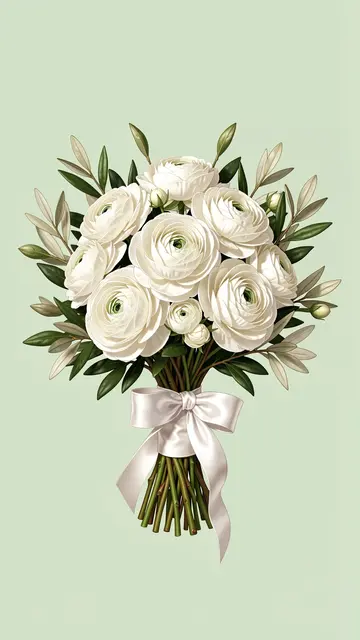 A bouquet of white ranunculus and olive sprigs tied with white silk ribbon rests on pale green