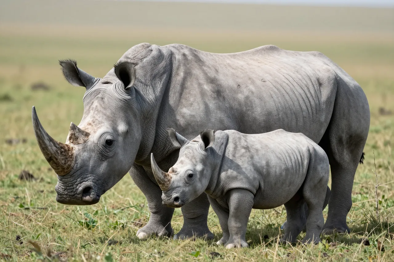 A white rhinoceros mother stands protectively beside her small calf on open savanna grassland.