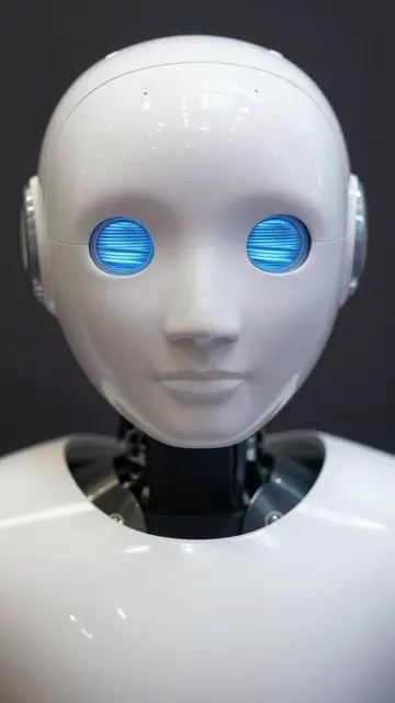 Close-up of a glossy white humanoid robot face with glowing blue circular eyes against a dark background