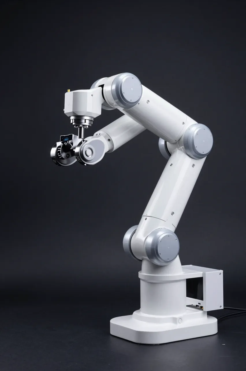 A white articulated robotic arm rests under dramatic side lighting in a dark black studio