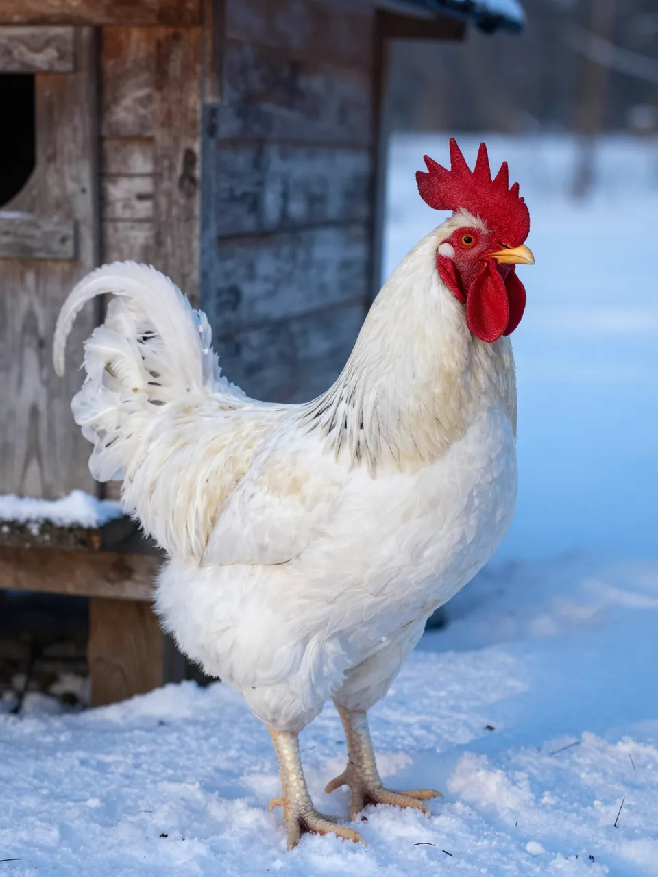 A white rooster with a bright red comb stands on snow beside a wooden henhouse in cold morning light