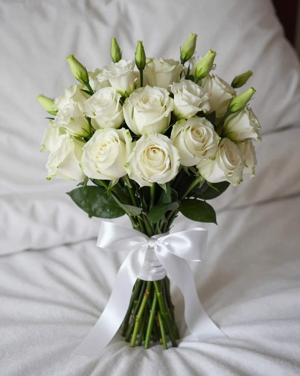 An anniversary bouquet of white roses and lisianthus tied with a satin ribbon rests on rumpled white bed linens.