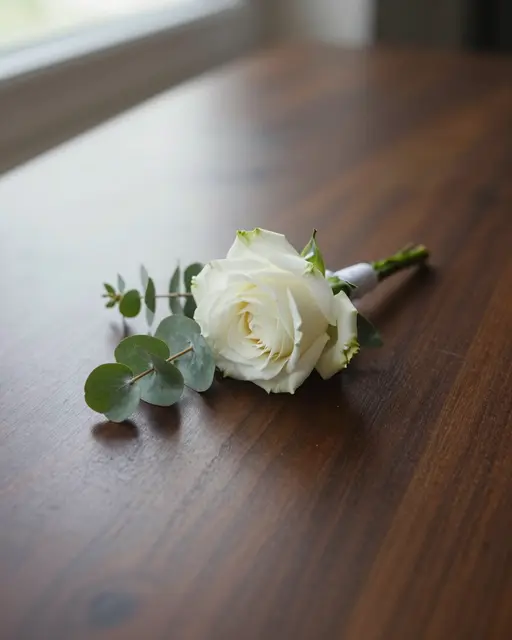 A white rose and eucalyptus boutonniere rests on a dark walnut wooden table near a window with soft light.
