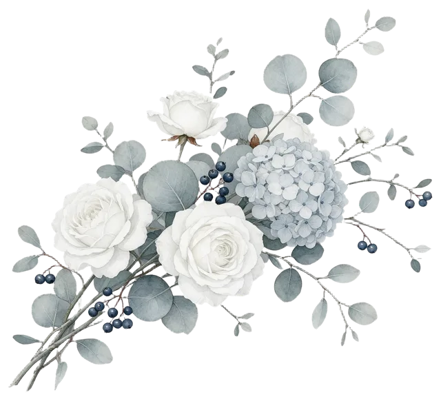 Delicate watercolor arrangement of white garden roses, dusty blue hydrangea, eucalyptus leaves and navy berries