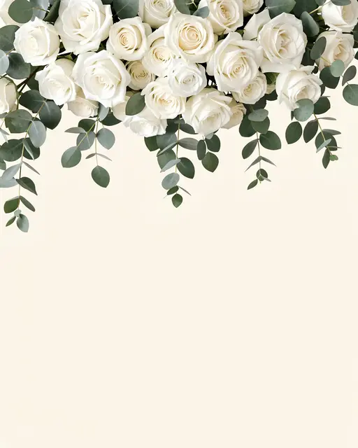 A top border of white roses and eucalyptus leaves sits above a blank pale ivory background for copy space