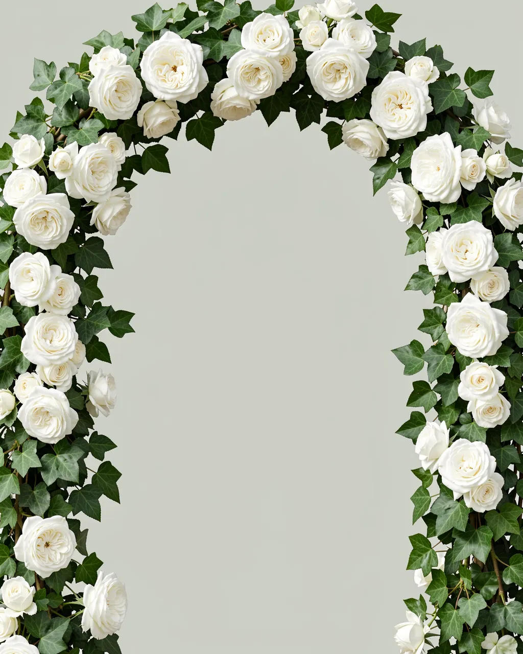 A floral arch of white roses and green ivy frames an empty pale sage background