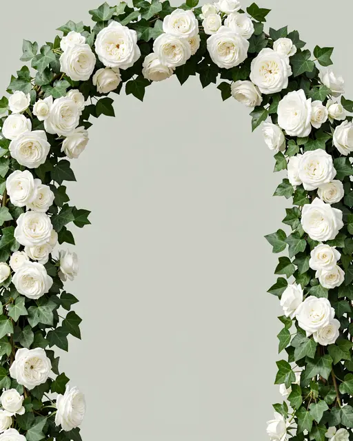 A floral arch of white roses and green ivy frames an empty pale sage background