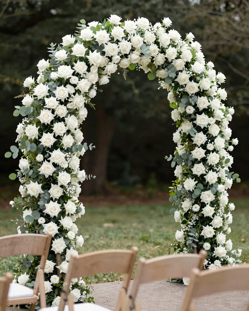Lush white rose and eucalyptus floral arch stands above wooden ceremony chairs in a garden.