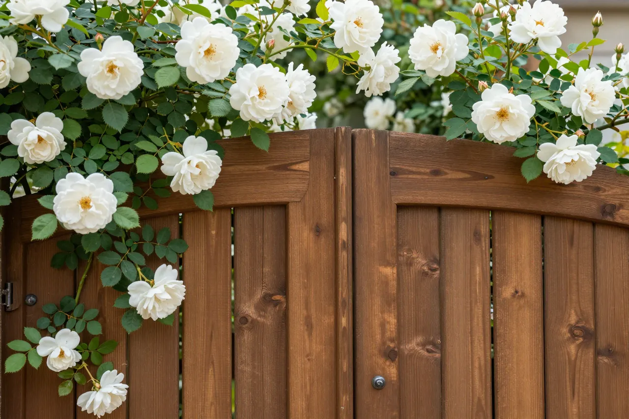 Climbing white roses drape over the top of a stained wooden garden gate.