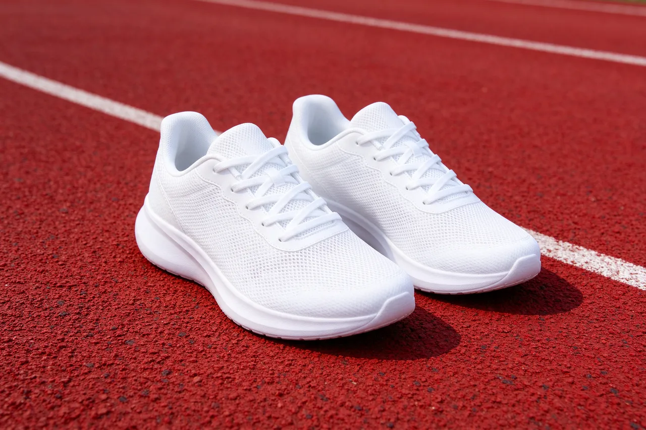 A pair of plain white mesh running shoes rests on a textured red running track marked with white lane lines.