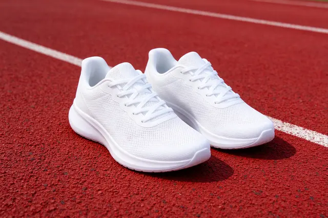 A pair of plain white mesh running shoes rests on a textured red running track marked with white lane lines.
