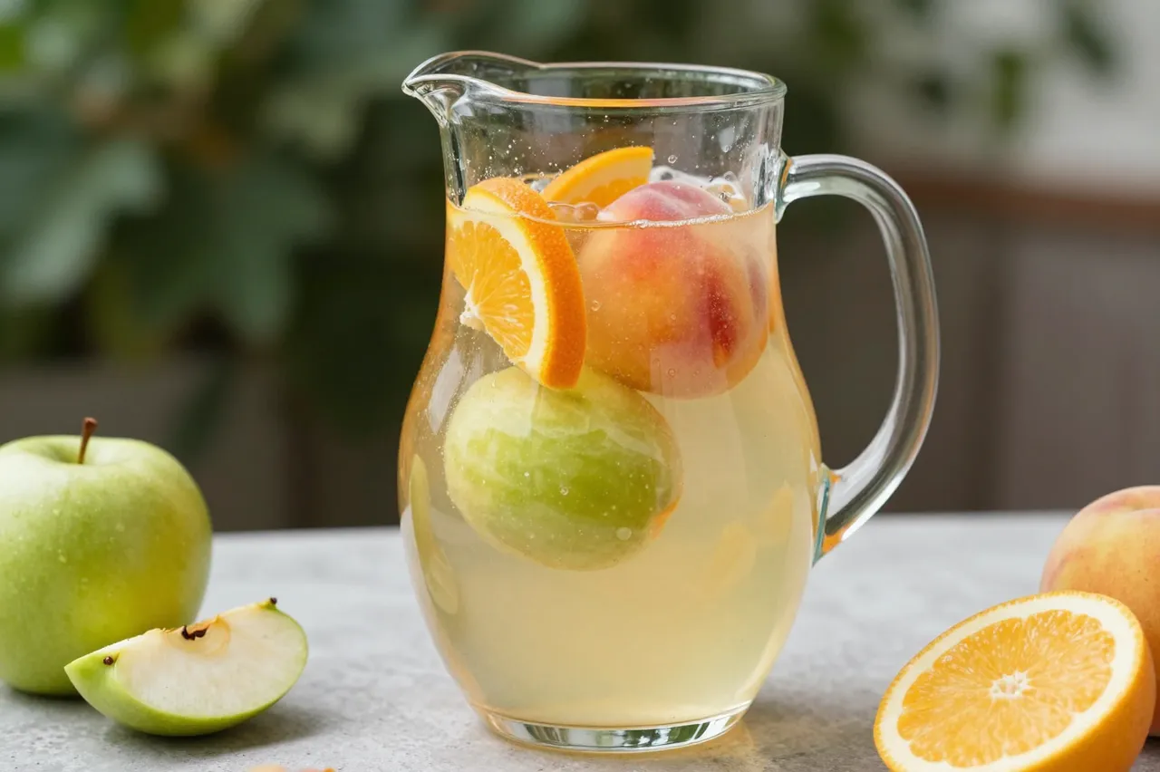 Glass pitcher of white sangria with peaches, green apple and orange slices sits on a light patio table with extra fresh