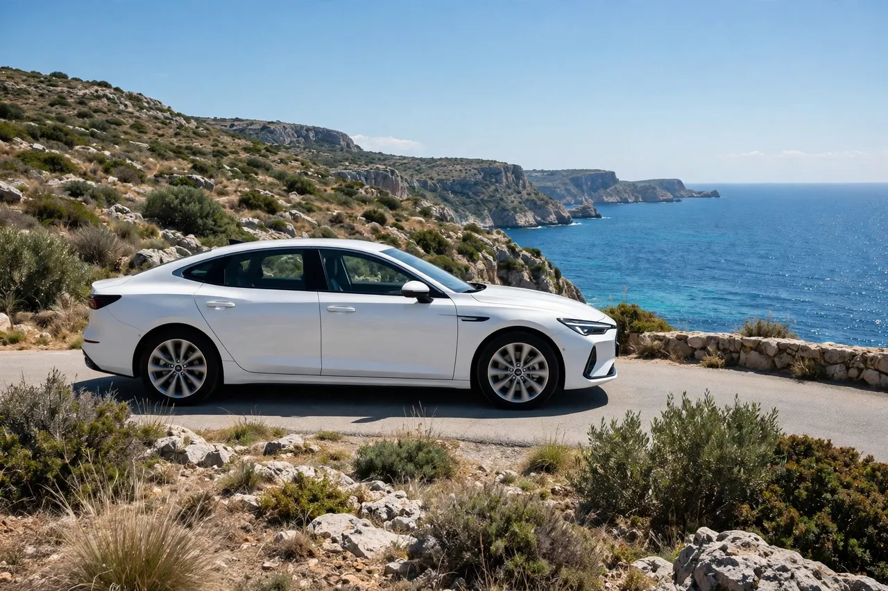 A side view of a modern white sedan parked on a paved cliffside road overlooking bright blue sea under clear midday sun.