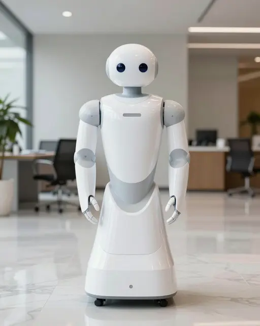 Smooth white humanoid service robot stands on polished marble flooring in a bright modern office lobby.