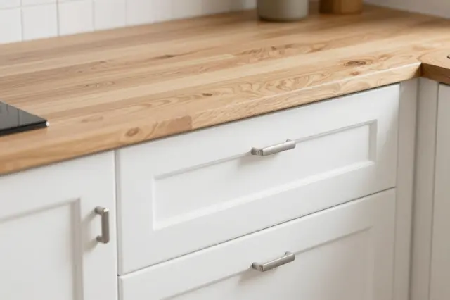 A close-up of white shaker cabinetry with a light wood butcher block countertop in a bright kitchen