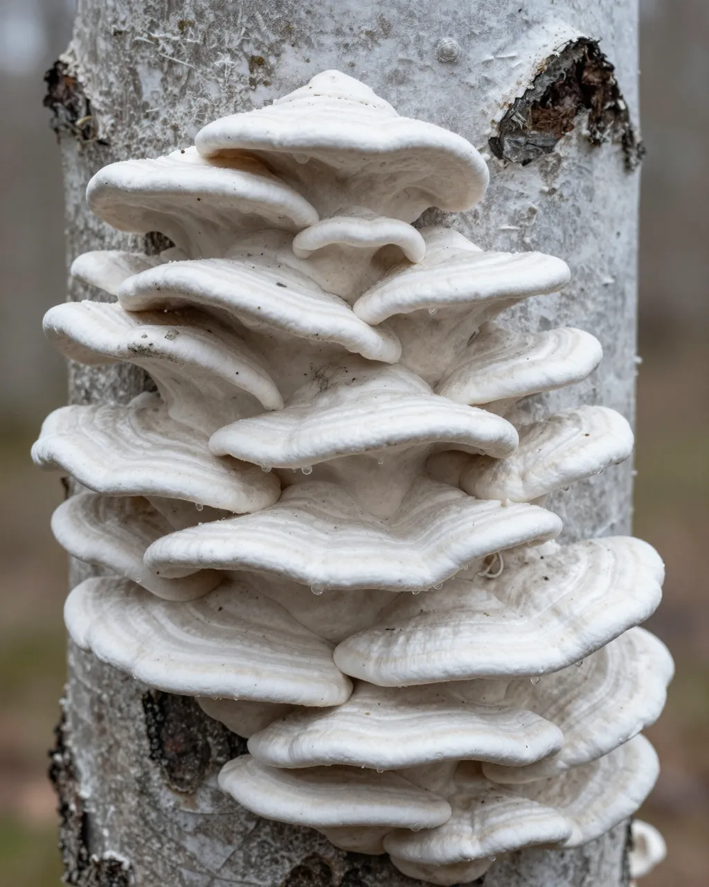 Layered cascading white shelf fungus grows on a textured pale beech tree trunk