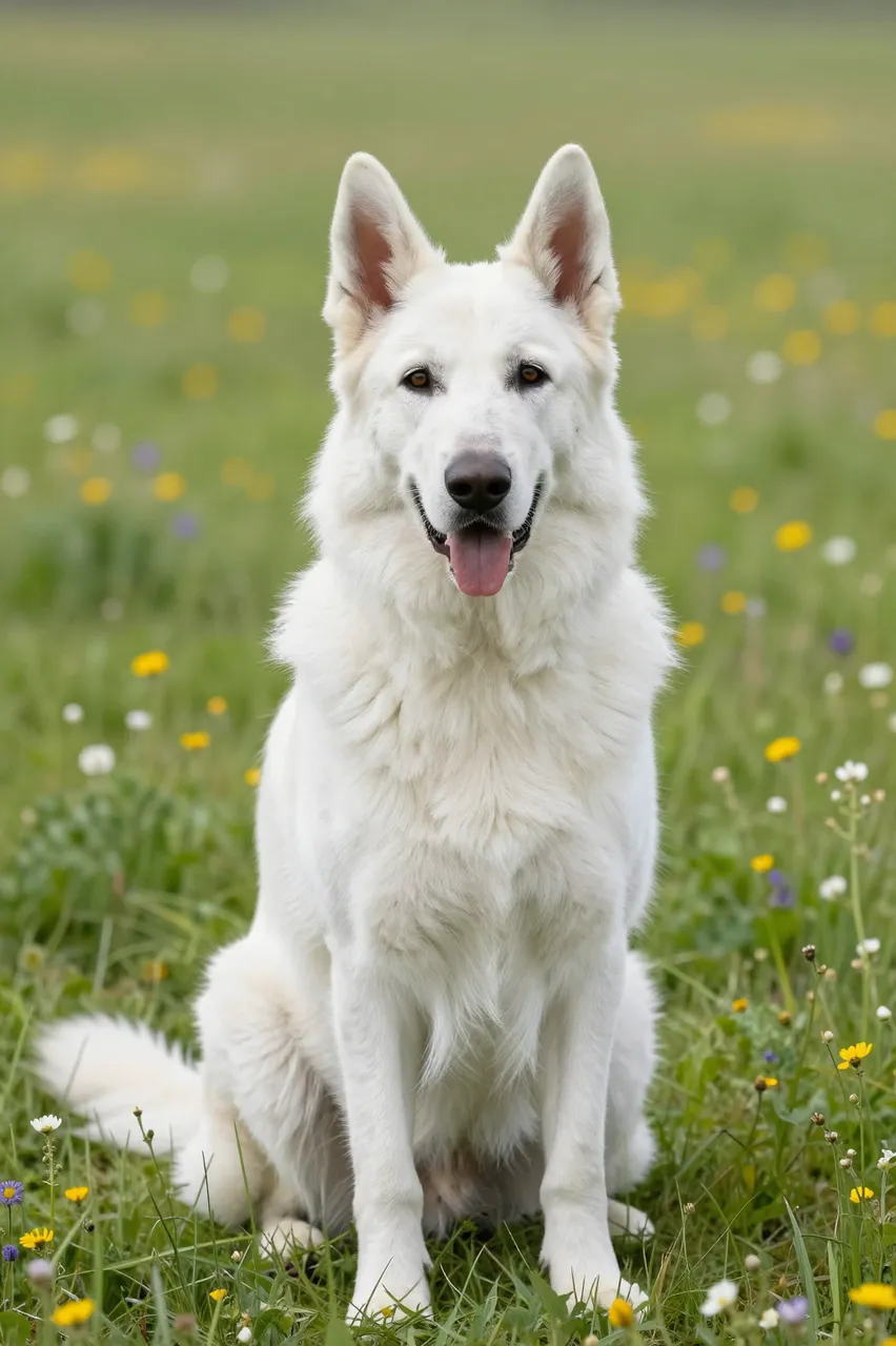A fluffy white German shepherd sits calmly facing the camera in a sunlit wildflower meadow