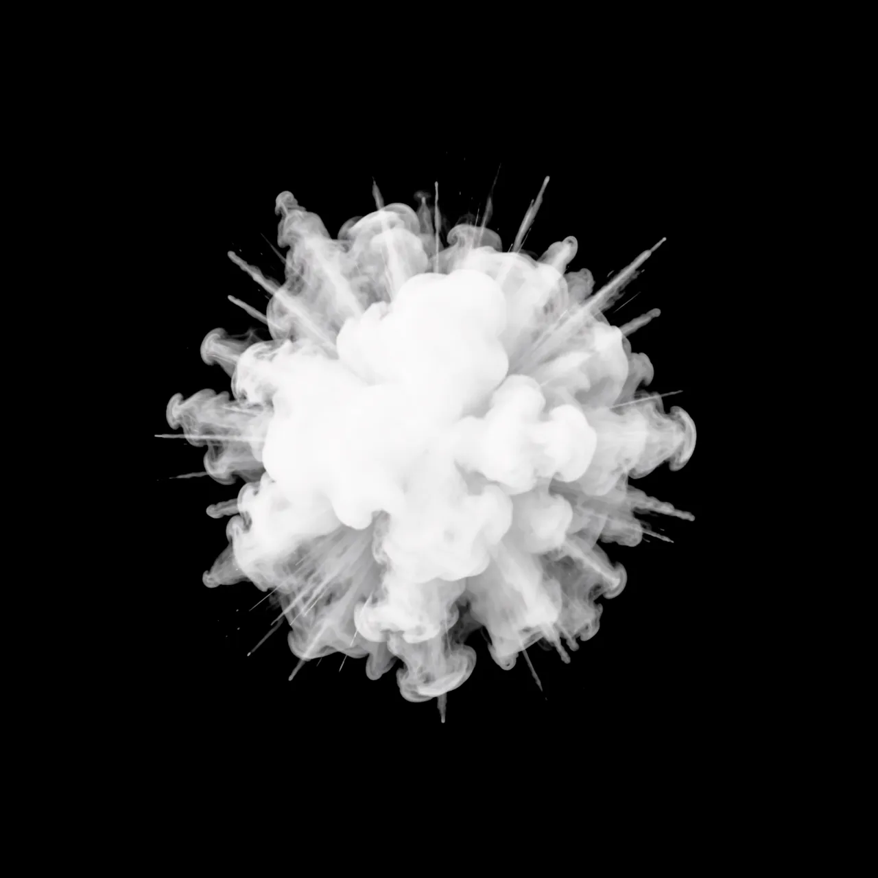 A round outward-bursting puff of white smoke sits centered against a solid pure black background