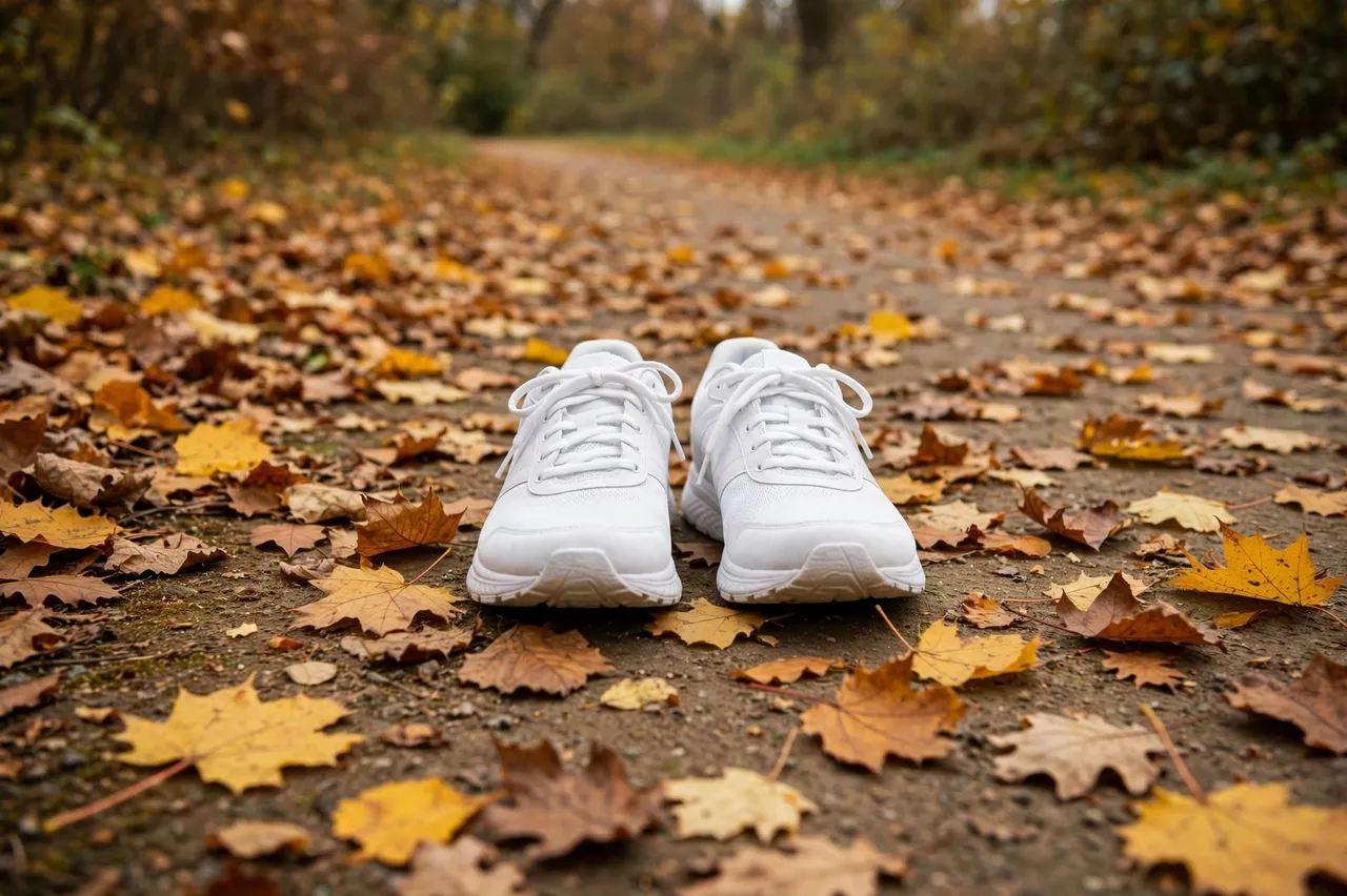 Pair of plain white running shoes resting on a leaf-covered dirt park path at low angle
