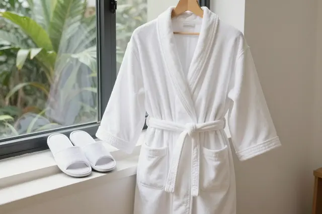 A white terry cloth spa robe on a wooden hanger sits beside white slippers on a sunlit windowsill with outdoor green plants