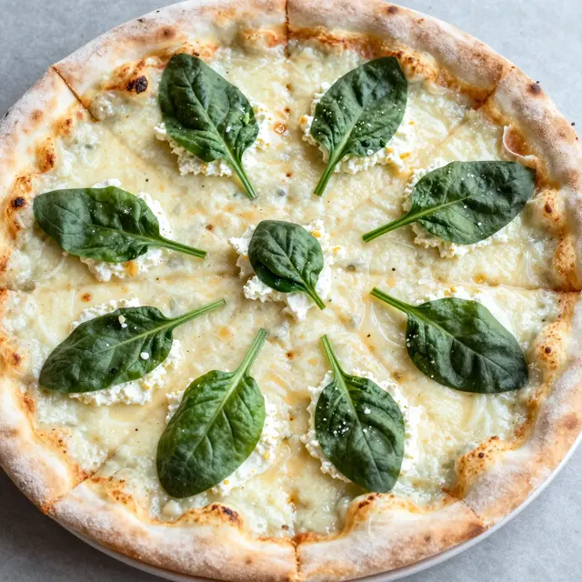 Top-down view of a baked white pizza topped with fresh spinach leaves and dollops of ricotta cheese.