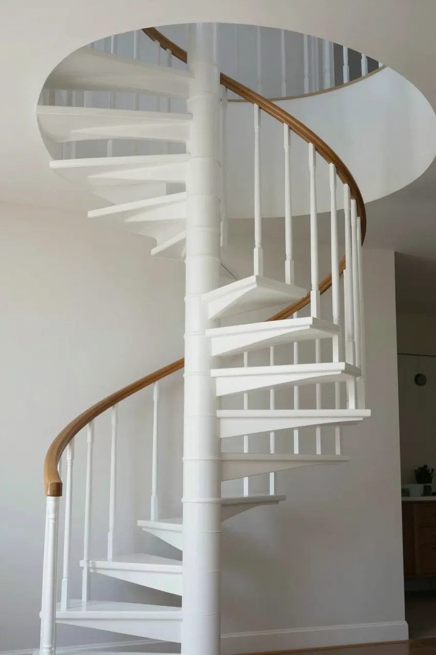 A white spiral staircase with a wooden handrail rises through a ceiling opening in a bright modern home interior