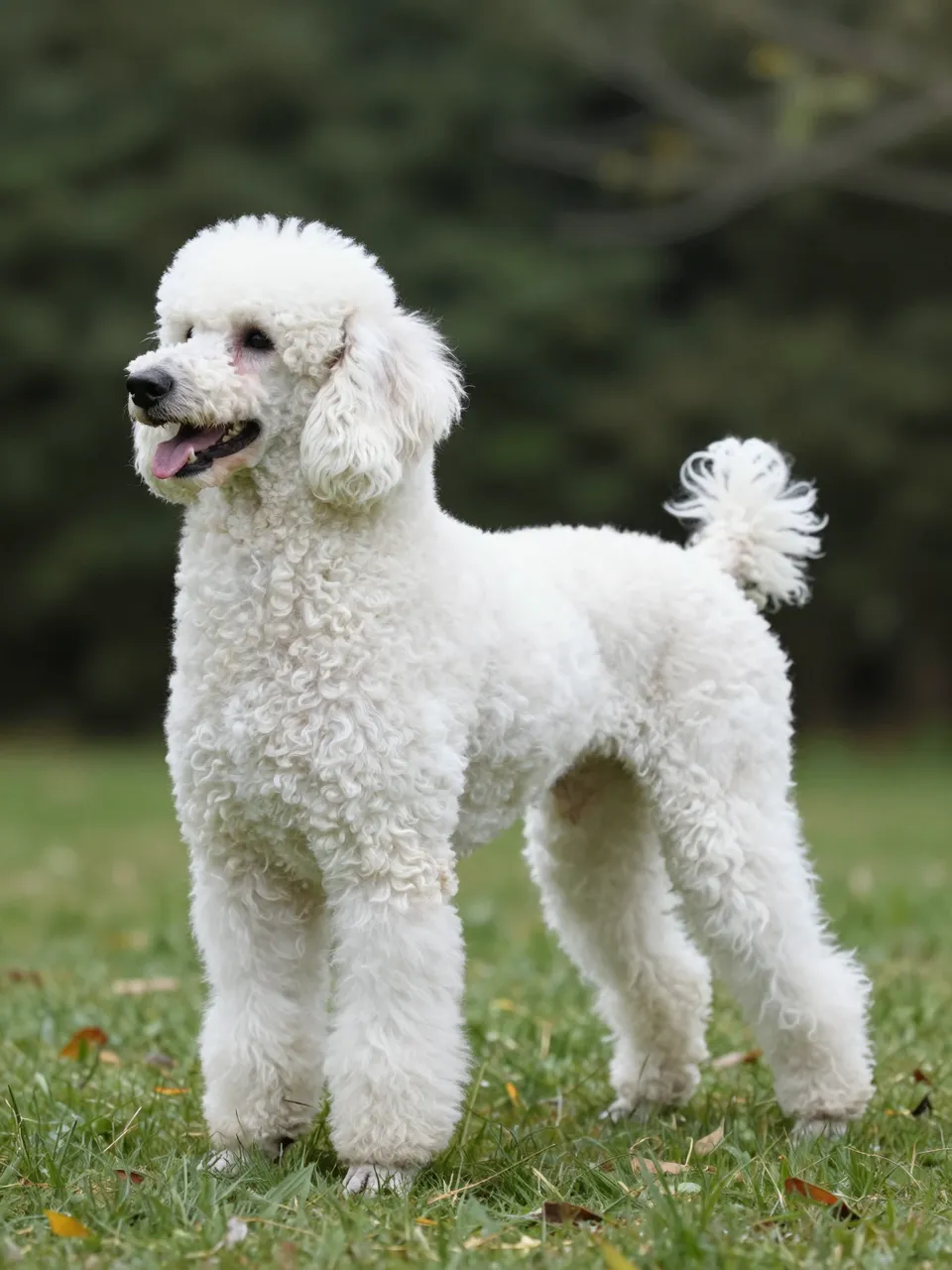 A side-profile white standard poodle with curly fur stands on grass with a blurred green background.
