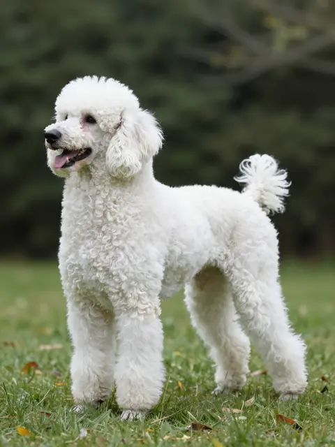 A side-profile white standard poodle with curly fur stands on grass with a blurred green background.