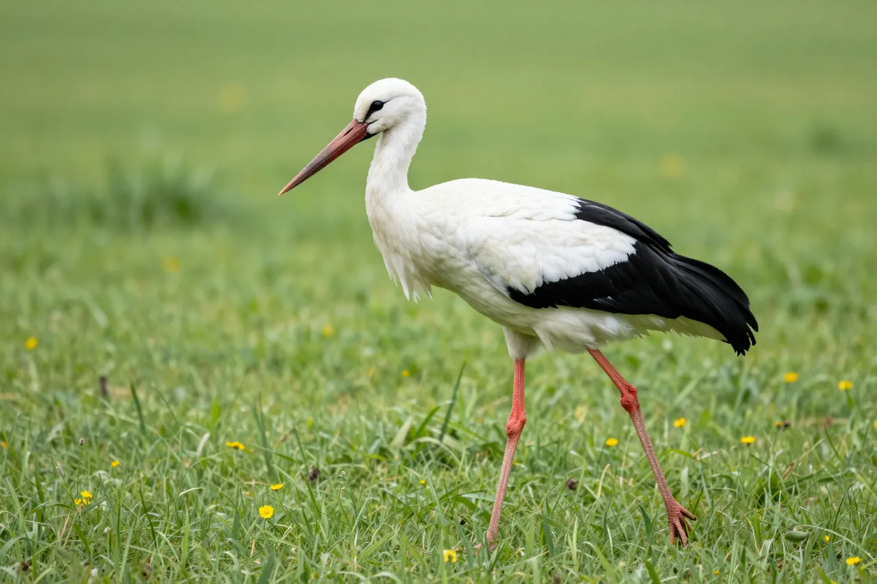 A white stork with black wing plumage and red legs walks slowly through a lush green grass meadow dotted with small yellow
