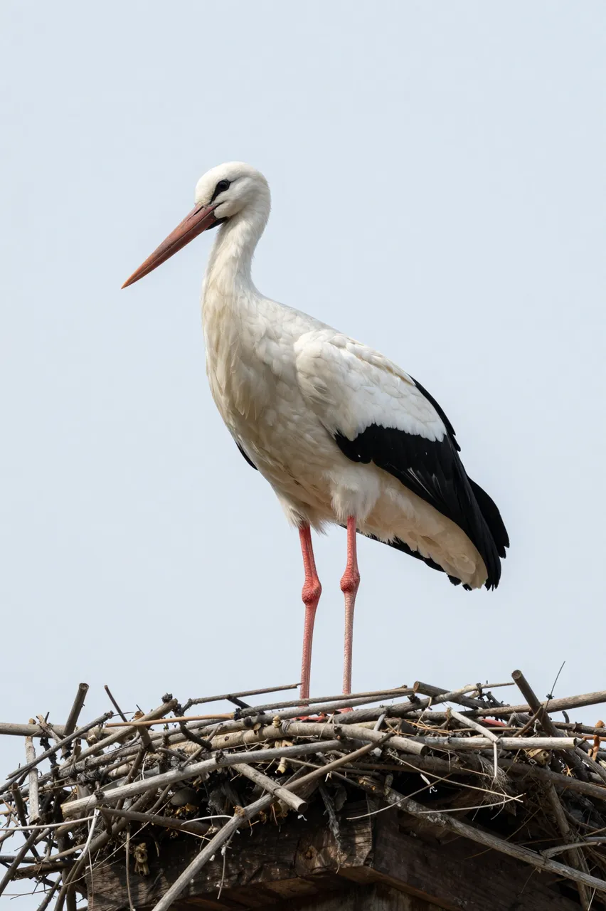 A white stork with black wing feathers and red legs stands upright on a twig nest under a pale sky