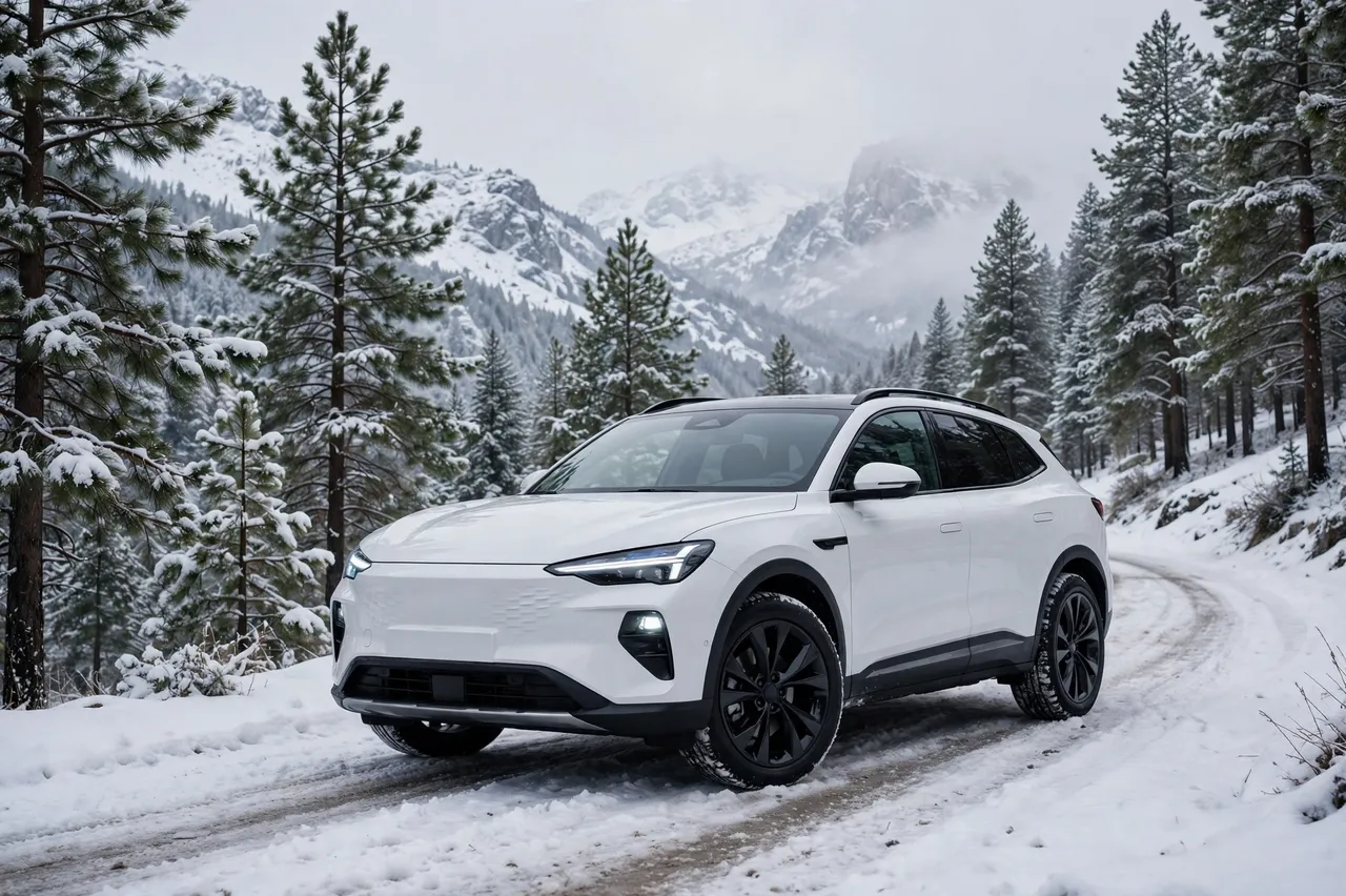 A modern white SUV sits on a winding snowy forest road surrounded by snow covered pine trees and distant misty mountains.