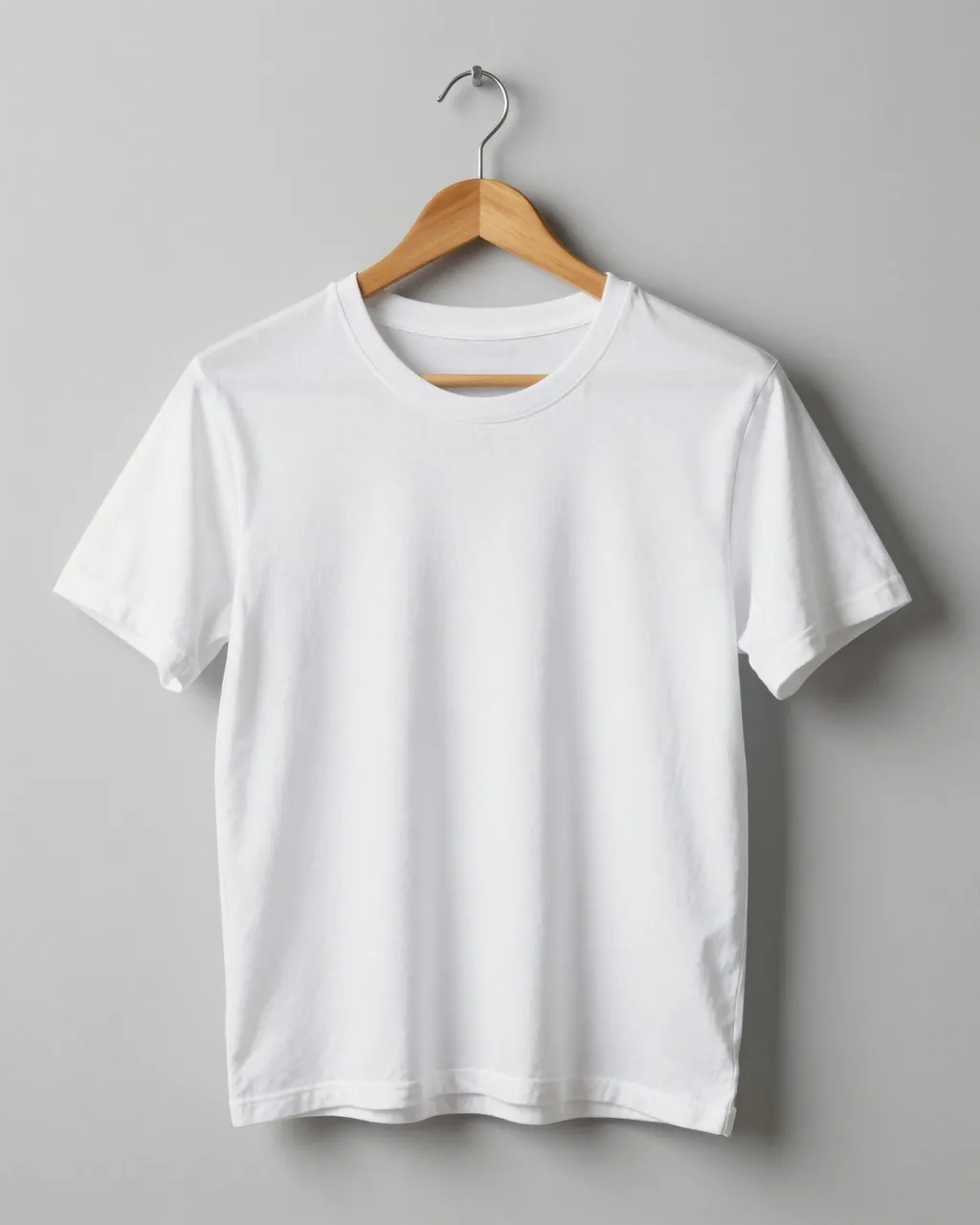 A plain white crew neck t-shirt hangs on a wooden hanger against a light gray wall