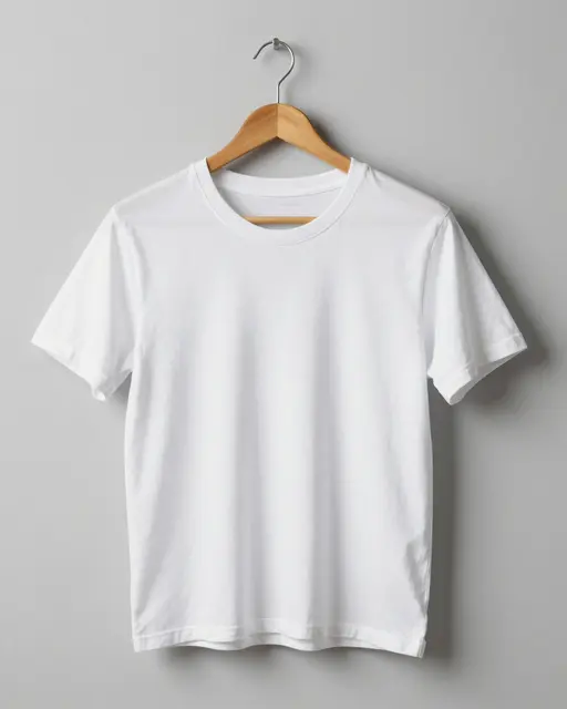 A plain white crew neck t-shirt hangs on a wooden hanger against a light gray wall