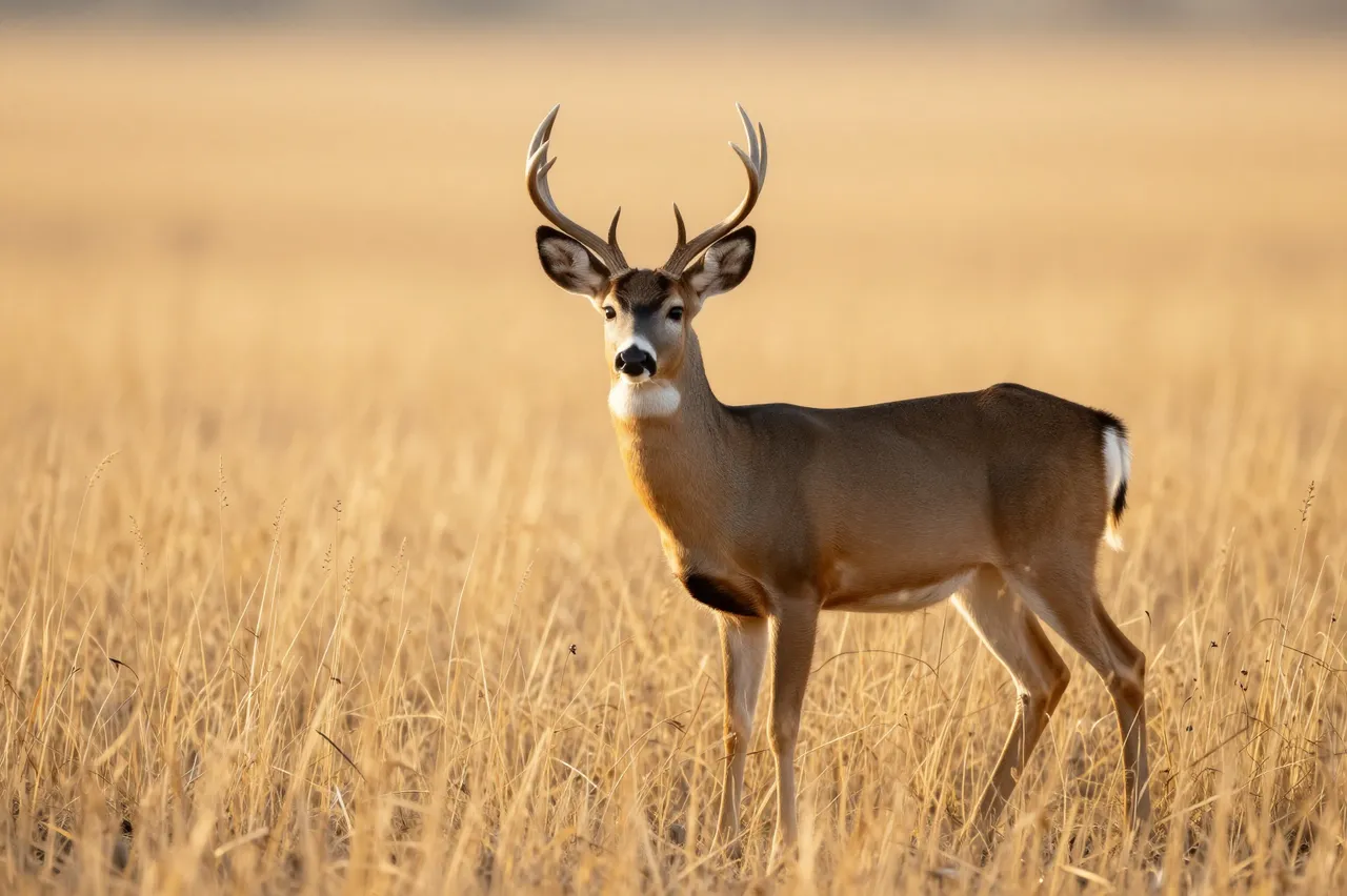 A white-tailed buck with antlers stands alert in golden prairie grass lit by warm sunrise light
