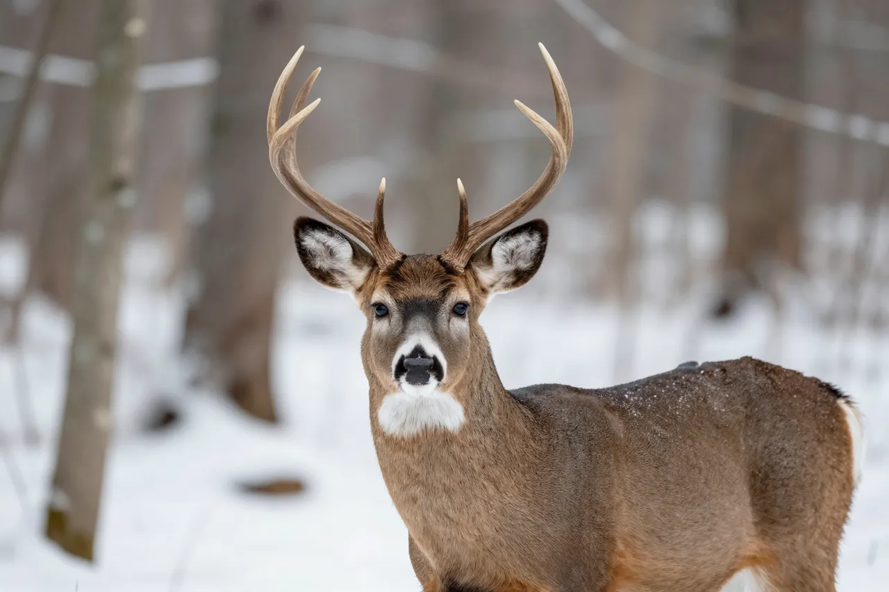A white-tailed deer buck with antlers stands alert facing the camera in a snowy winter forest