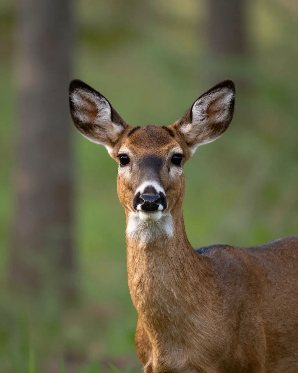 A white-tailed deer doe with large alert ears looks directly at the camera in a sun-dappled forest.